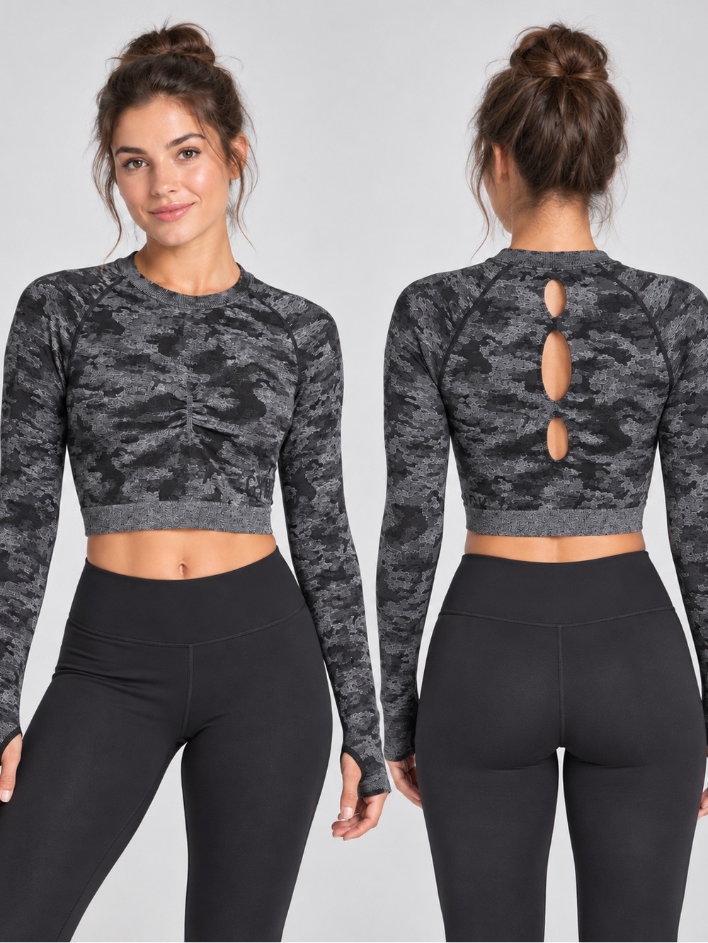 Gymshark Gray Camo Long Sleeve Cutout Back Crop Top | Estimated Small | Like New
